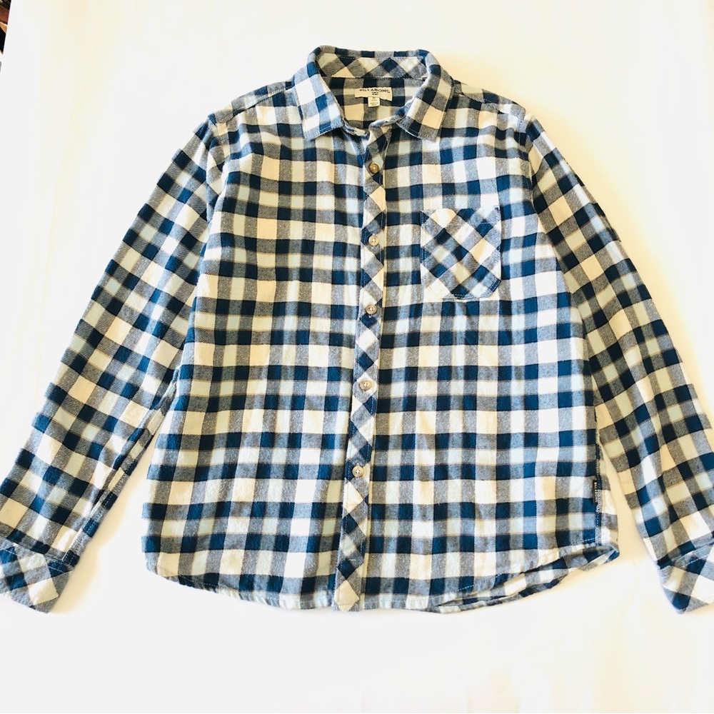 Billabong Blue and White Plaid Flannel Shirt - Boys M